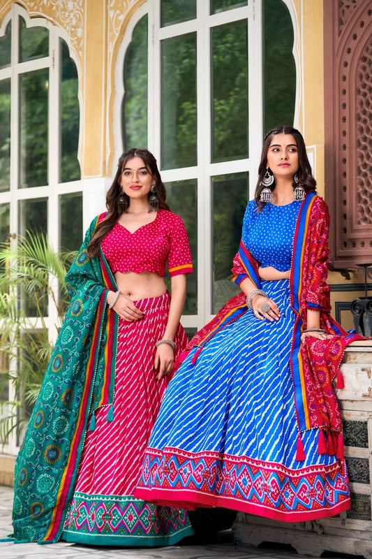 Elegant Tussar Silk Leheriya Lehenga Choli with Bandhani Dupatta.