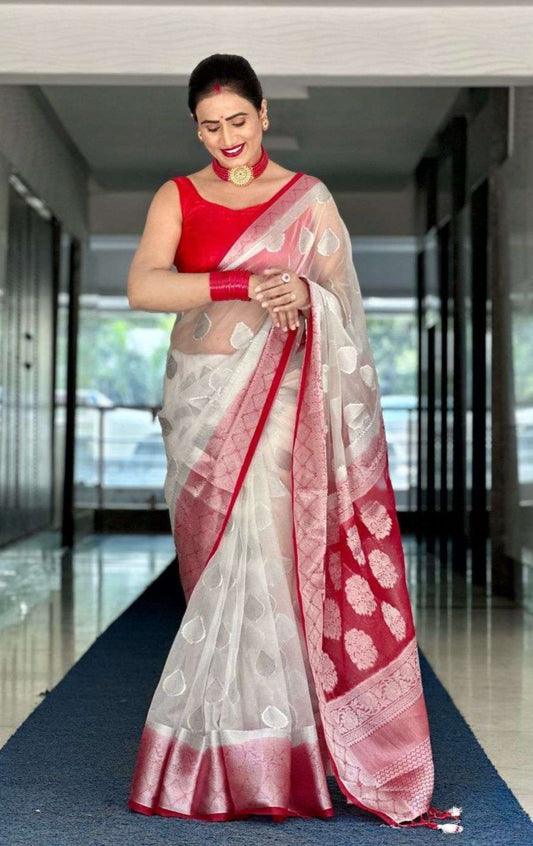 Elegant White & Red Soft Organza Saree with Silver Jacquard for Durga Puja