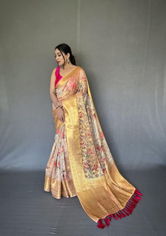 Elegant Organza Zari Weaving Saree with Luxurious 8-Inch Gold Zari Border.