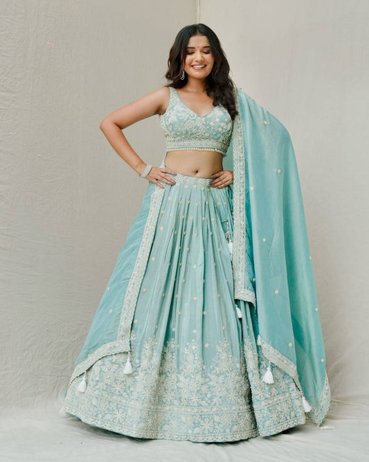 Roman Silk Lehenga with Canvas Pata blue colour