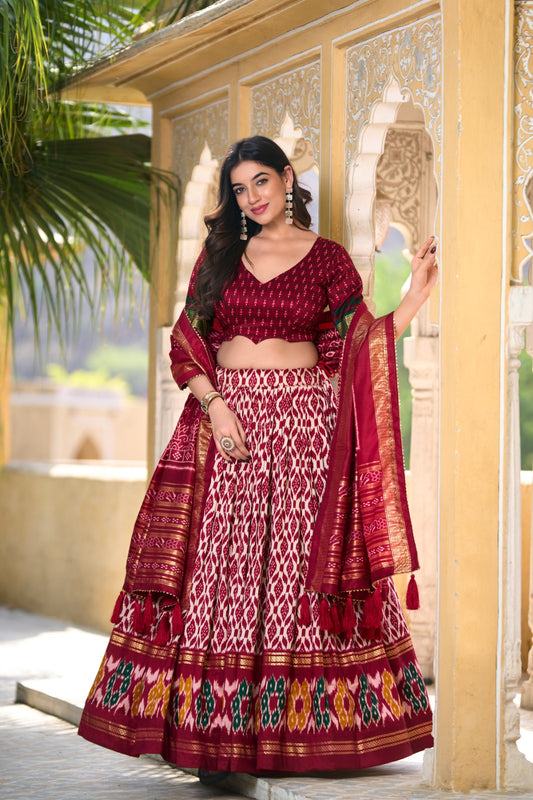 Experience Opulence Traditional Ikkat Print on PRANAUTHI's Tussar Silk Lehenga Choli