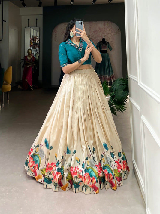 Beautiful Tussar Silk Lehenga With Floral Print with Mirror Work on Blouse